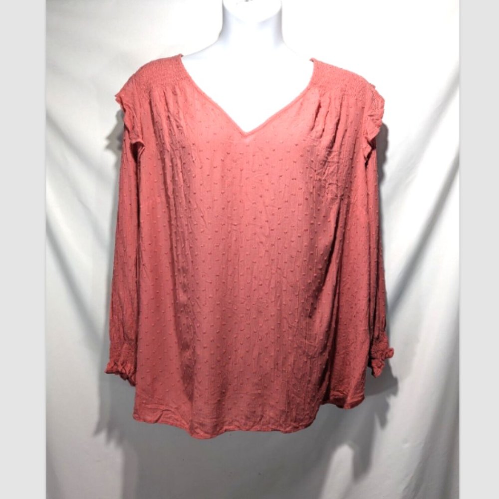 NEW Loft Plus Clip Dot Ruffled Shoulder V-Neck Long Sleeve Top Coral Sz 24